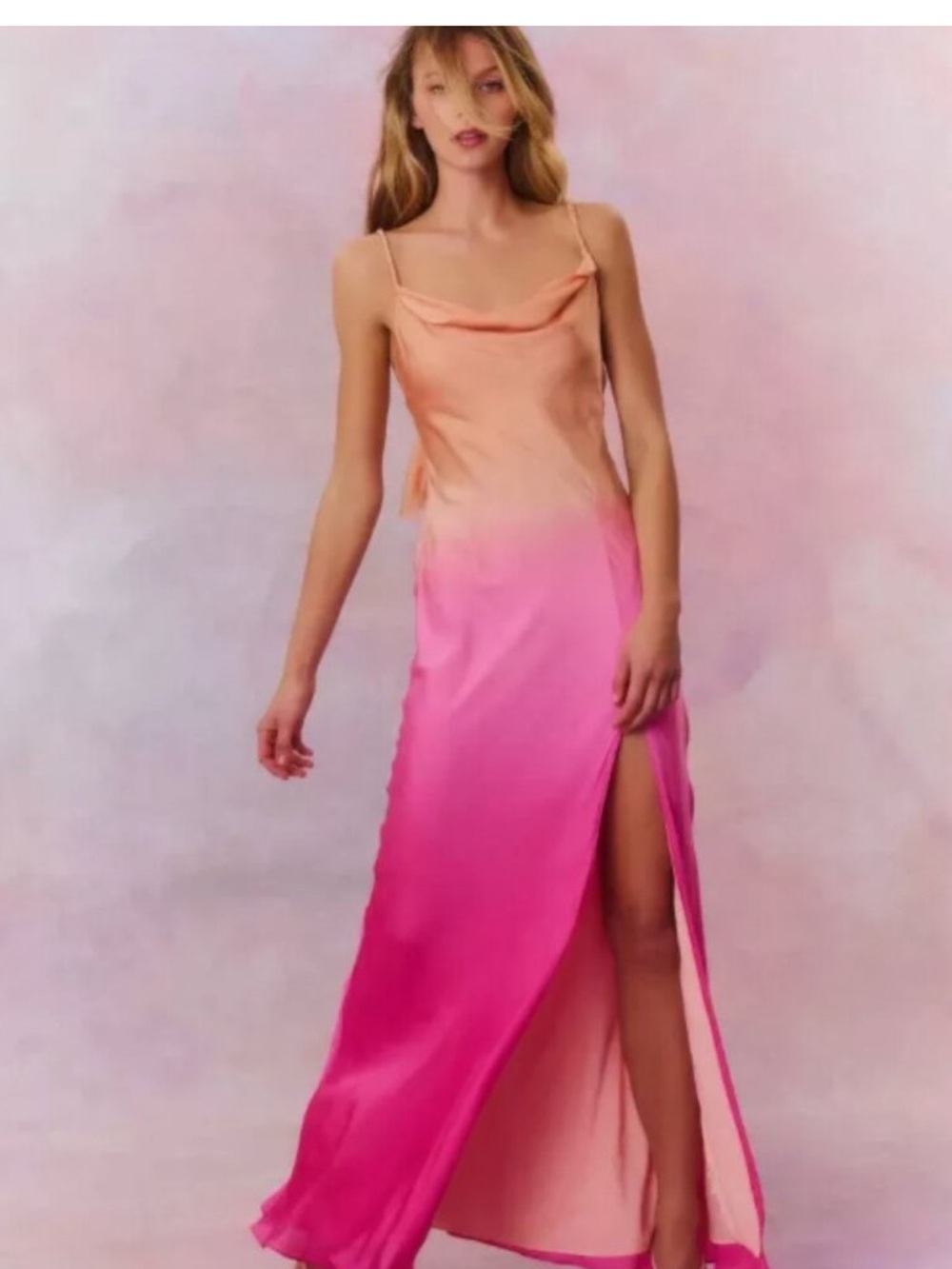 Loveshackfancy Nadine silk Ombre Pink to Peach Slip Maxi Dress